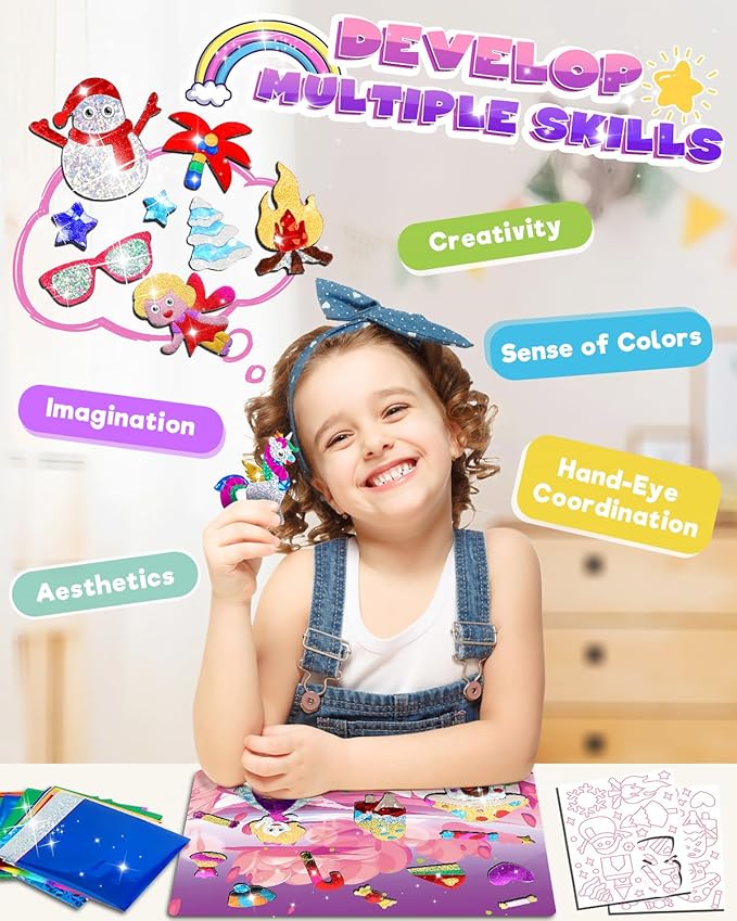 Baobrava Foil Art Fun Kit for Kids - DIY Toy Unicorn Princess Foil Art Craft Activity for Kids, Foam Stickers Fun Craft Kits & Supplies, Creative Christmas Birthday Gifts Travel Toys for 4 and Up-CubbioJoy