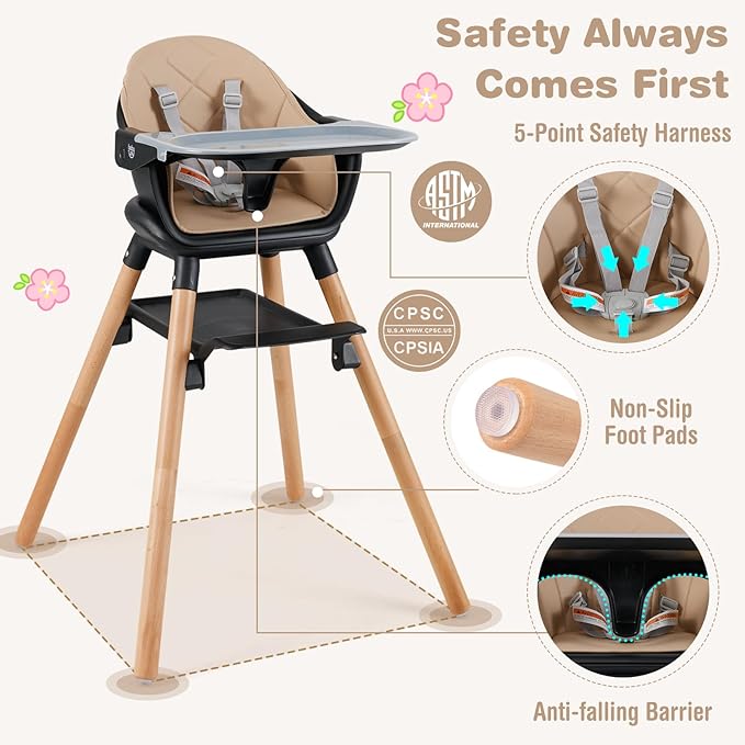 BABY JOY Baby High Chair, 6 in 1 Convertible Wooden High Chair for Babies & Toddlers with Adjustable Legs, Double Removable Tray, Safety Harness & Waterproof PU Cushion (Coffee)-CubbioJoy