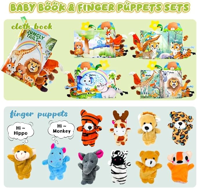 Baby Toys 0-6 Month, Crinkle Books for Babies, Jungle Tails Soft Baby Cloth Books 6 to 12 Months with 10 Pcs Jungle Animal Finger Puppets, Infant Tummy Time Sensory Toys, Newborn Gifts for Boys Girls-CubbioJoy