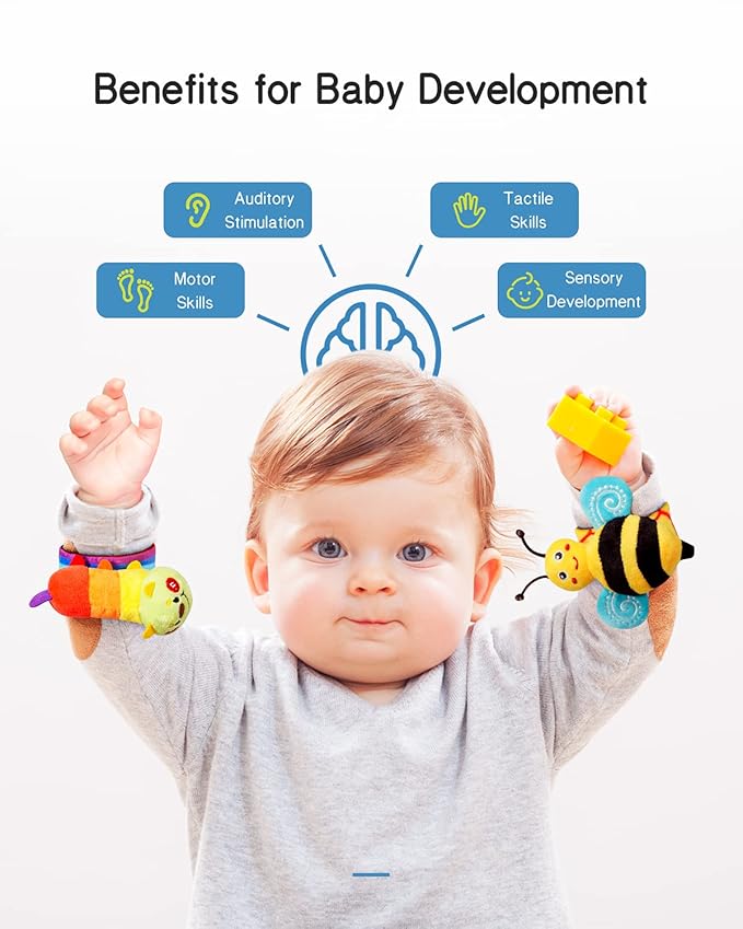 Infinno Baby Wrist Rattle Socks and Foot Finder Set, Perfect Baby Toys for 0-12 Months Newborn Boys and Girls As Shower Gifts, Garden Bug Series-CubbioJoy