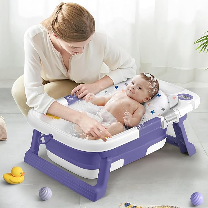 Collapsible Baby Bathtub,Baby Bath Tub with Thermometer & Soft Cushion,Baby Bathtub for Newborn to Toddler 0-36 Months,Portable Travel Baby Tub with No-Slip Feet,Baby Shower Gifts,Lavender-CubbioJoy