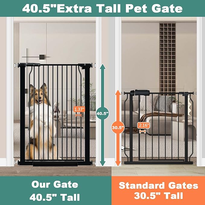 40.5" Extra Tall Baby Gate for Doorway, 72.3"-74.1" Extra Wide Long Pet Gate, No Drill Pet Safety Barrier Metal, Pressure Mounted Safety Child Gate for Stairs Walk Thru Kids or Pet Black-CubbioJoy