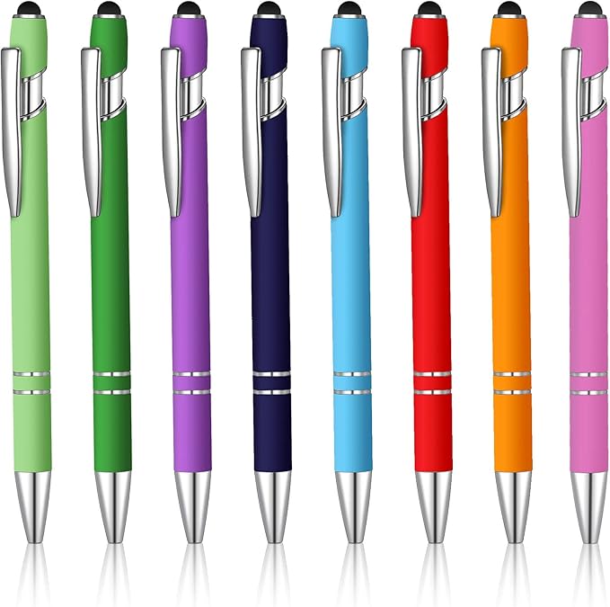 8 Pieces Ballpoint Pen with Stylus Tip Black Ink 2 in 1 Stylus Metal 1.0 mm Medium Point Smooth Pen Rainbow Colorful Rubberized Ballpoint for Touch Screen Tablet(Rainbow Color)-CubbioJoy