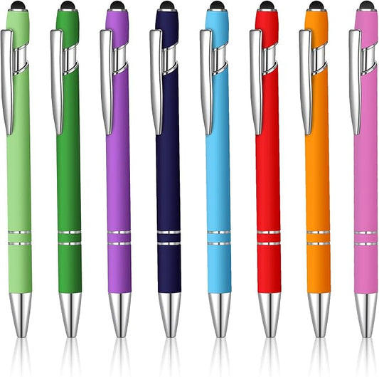 8 Pieces Ballpoint Pen with Stylus Tip Black Ink 2 in 1 Stylus Metal 1.0 mm Medium Point Smooth Pen Rainbow Colorful Rubberized Ballpoint for Touch Screen Tablet(Rainbow Color)-CubbioJoy