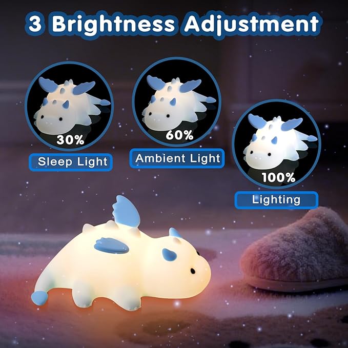 Cute Baby Dragon Kids Night Light for Kids,Cute Soft Silicone Lamp 3 Level Dimmable Changing Rechargeable Breastfeeding Nursery Portable Kawaii Lamps,Bedside Lamp for Baby and Toddler,Boy Girls（Blue）-CubbioJoy