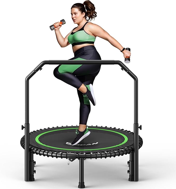 BCAN 40"/48" Mini Rebounder Trampoline for Adults with Bar, 450/550LBS Fitness Trampoline with Bungees, Adjustable Handle, Stable & Quiet, Indoor Outdoor, Whole-Body Workout & Relaxation at Home-CubbioJoy