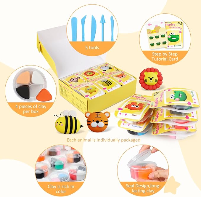 Air Dry Clay Kit for Kids, Modeling Magic Clay for Kids, Ultra Light & Soft, 12 Boxes DIY Animals Model with Step by Step Tutorial and 5 Sculpting Tools, Creative Art Crafts Toys Gifts for Girls Boys-CubbioJoy
