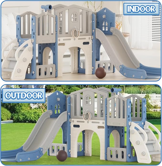 8 in 1 Toddler Slide Set, Kids Slide for Toddlers Age 1-3, Toddler Climber Slide PlaySet with Basketball Hoop and Ball, Outdoor Indoor Kids Playground for Toddlers 1-3, Blue Grey-CubbioJoy