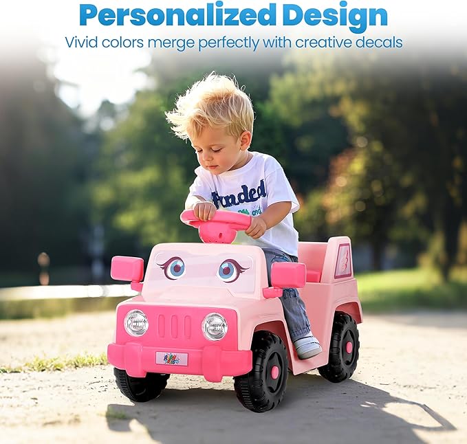 6V Toddler Ride-On Car with Horn LED Front Light Rear Storage and Eyes Theme – Fun & Safe Electric Car for Boys & Girls 18+ Months – Perfect for Little Explorers(Pink Eyes)-CubbioJoy