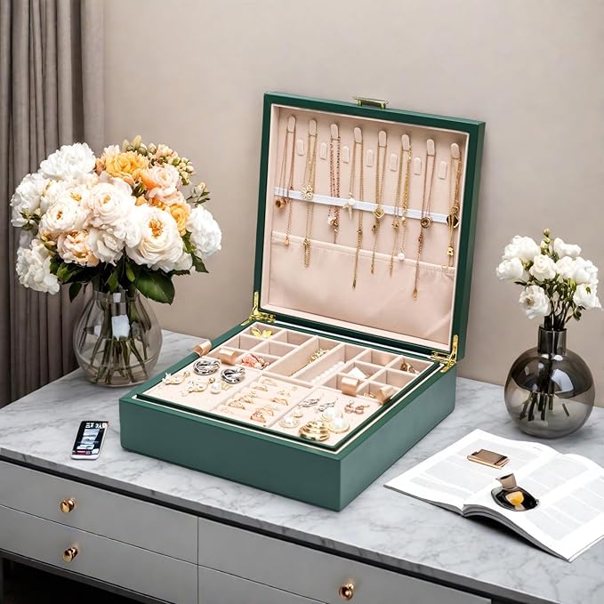 2-layer jewelry box，Jewelry Organizer with Handle，with hanging necklace hooks, detachable jewelry trays, suitable for storing a large amount of jewelry gift box (Large-Green)-CubbioJoy