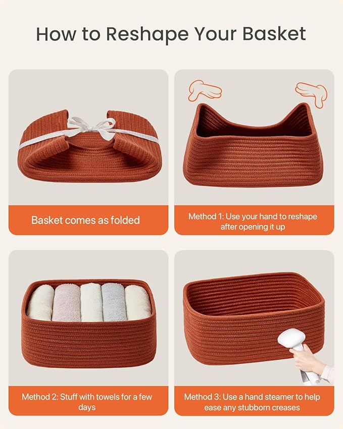 KALLAX Small Woven Basket, 13.5 x 9.5 x 5 Inches, Storage Basket for Organizing, Cute Small Rope Shelf Closet Cube Storage Bins Baskets for Shelves, Dog Toy Gift Baskets Empty, 3 Pack Rust Red-CubbioJoy