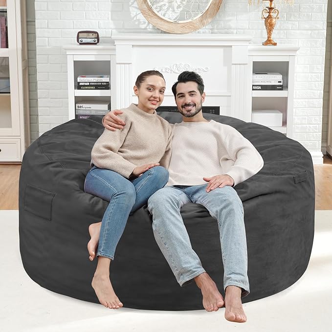 4FT Bean Bag Chair, Large Bean Bag Chairs with Memory Foam Filled, Fluffy Beanbag Sofa with Dutch Velvet Cover, Round BeanBag Chairs for Living Room, Playroom - Grey-CubbioJoy
