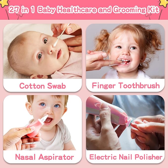 Infant Grooming Essentials: Electric Safety Nail Trimmer, Nasal Aspirator, Hair Brush, Comb, Nail Clipper (27 Piece Safety Care Set for Newborns - Pink)-CubbioJoy