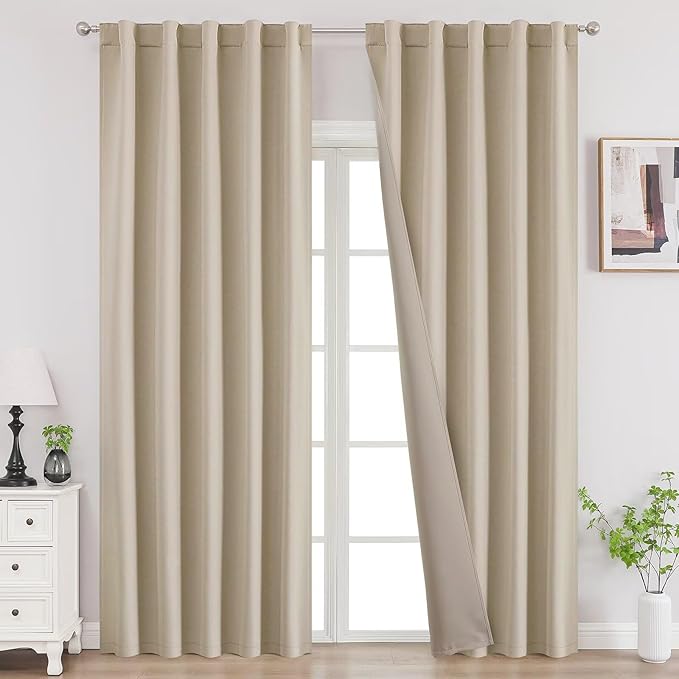 Joydeco 108 Inch Blackout Curtains for Bedroom, Thermal Insulated Black Out Curtains 2 Panels Set, Room Darkening Drapes for Living Room Window Rod Pocket Back Tab (W37 x L108 Inch, Light Beige)-CubbioJoy