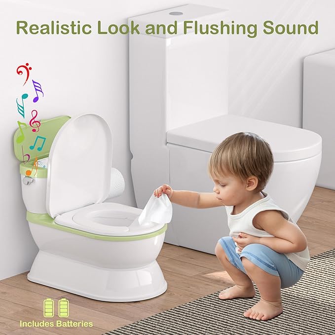 2-in-1 Toddler Potty Training Toilet - Larger Potty Chair & Detachable Training Seat for Boys & Girls Ages 1-3 with Flushing Sound, Wipes Storage, Toilet Paper Holder - Green-CubbioJoy