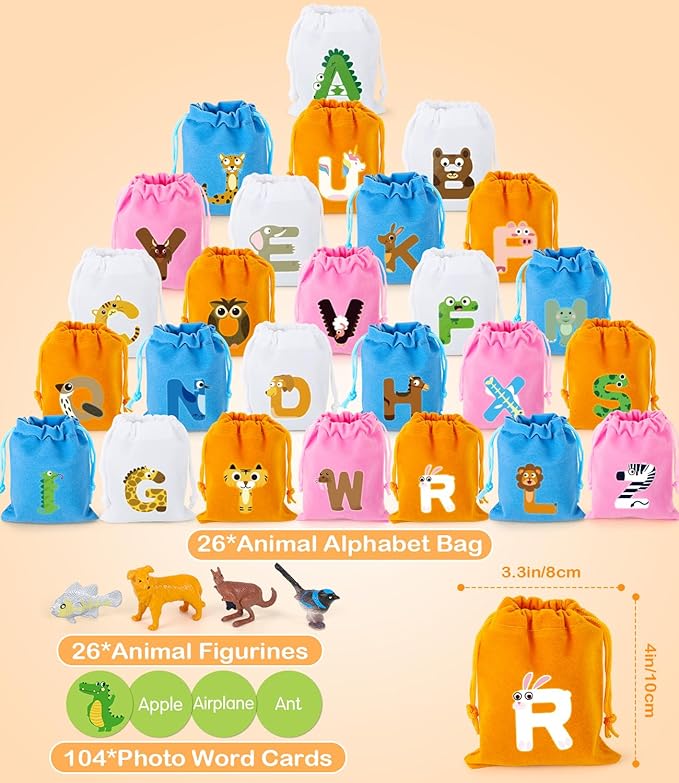 Alphabet Learning Toys for Toddlers, Word Work Small Group Set with 104 Phonics Flash Cards and 26 Animal Figurines, Fun Education Classroom Supplies Alphabet Sounds Teaching Games for Kids-CubbioJoy
