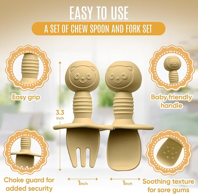 4pc Silicone Baby Spoons Self Feeding Baby Utensils 6-12 Months - 3 Baby Spoon - 1 Baby Fork - Toddler Cutlery Set - BPA Free, Dishwasher Safe - Baby Eating Essentials (Green/Yellow) - Small-CubbioJoy