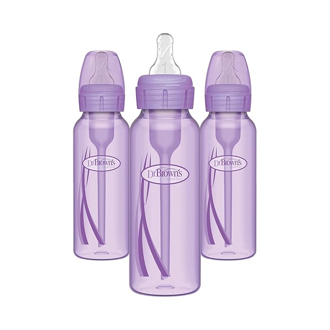 Dr. Brown’s Natural Flow® Anti-Colic Options+™ Narrow Baby Bottles 8 oz/250 mL, with Level 1 Slow Flow Nipple, 3 Pack, Purple, 0m+-CubbioJoy