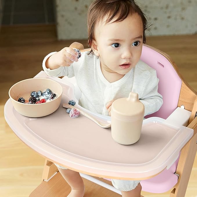 Cowiewie Natural Wooden High Chair for Babies & Toddlers 3-Tier Remove Adjustable Tray and Highchair with Cushions, Easy to Clean, Portable. (Pink)-CubbioJoy