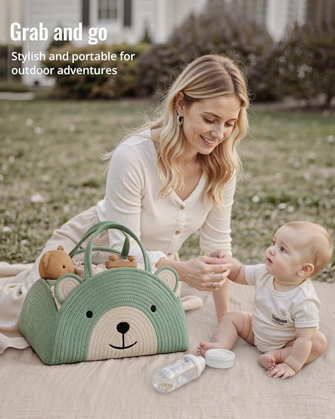 Blissful Diary Baby Diaper Caddy Organizer, Cotton Rope Diaper Caddy Basket, Large Storage Basket, Gift for Baby Shower, Newborn Essentials, Bear Roman Green-CubbioJoy