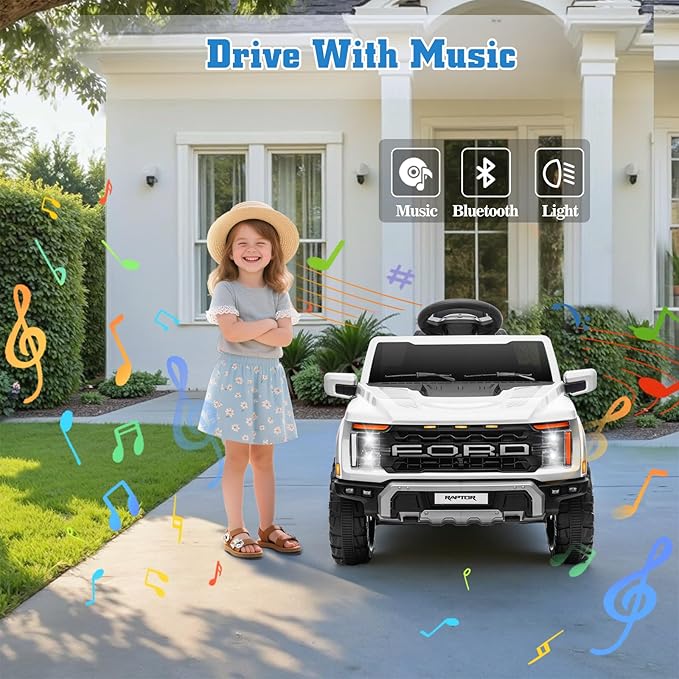 12V Ride on Car Licensed Ford F-150 Raptor, Kids Electric Car with Remote Control, LED Light/Music/MP3, Truck Bed Storage, 3-Point Seat Belt (12V, White)-CubbioJoy