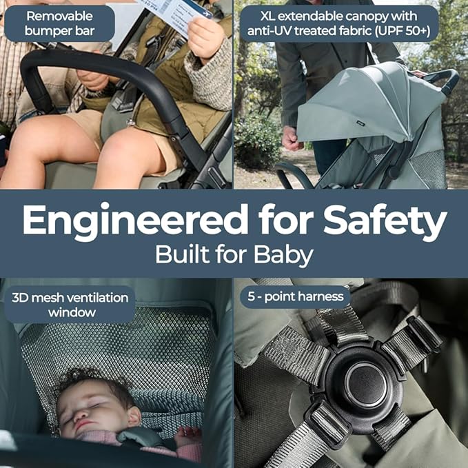 Inglesina Quid³ Stroller, Planet Green - Compact Reclining Travel Stroller for Baby & Toddler 0-55 lbs, One Hand fold, Car seat Compatible, Airplane Overhead, Lightweight, Foldable, XL UPF 50+ Canopy-CubbioJoy