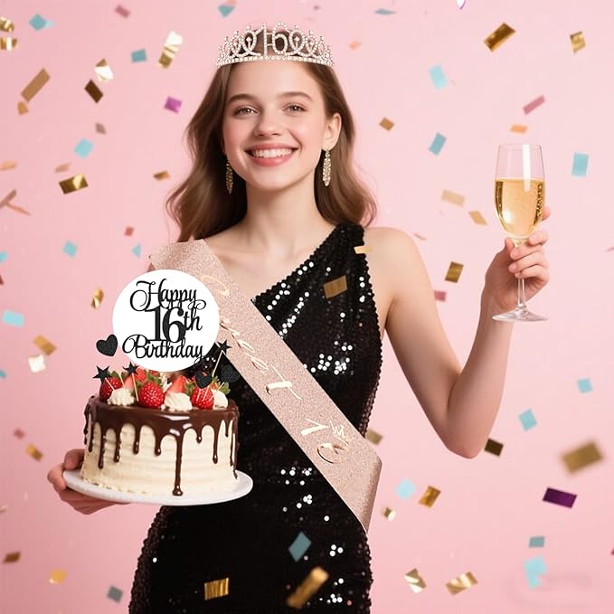 16th Birthday Decorations for Girls - 56pcs Rose Gold Happy 16th Banner, 16th Birthday Crown Sash, Cake Topper, Number 16 balloons, 3D Butterflies, 4 Balloon Stands kits-CubbioJoy