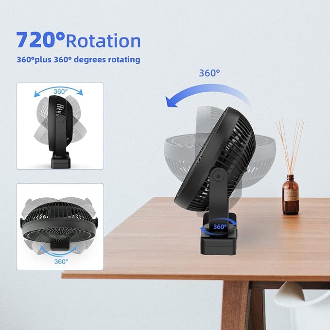 ATEngeus USB Desk Fan, Rechargeable Portable Fan, 8-Inch Clip on Fan, 10000mAh Stroller Fan, 4 Speeds Strong Airflow, 720° Rotation, with Sturdy Clamp, Suitable for home, office and stroller-CubbioJoy