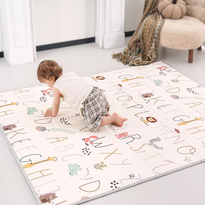 Baby Play Mat 71x79 Inch, 2 in 1 Fabric & XPE Dual-Sided Design Foldable Play Mats for Babies and Toddlers, Waterproof & Anti-Slip Baby Mat for Floor, Portable Baby Foam Crawling Mat with Travel Bag-CubbioJoy
