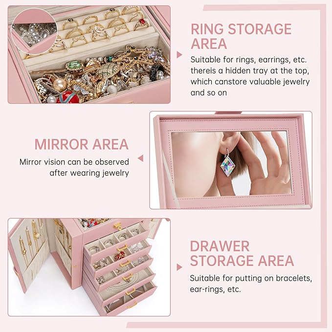 AKOZLIN 6-Tier Jewelry Box Organizer Functional 5 Drawers Leather Jewelry Storage Case for Women Girls Ring Necklace Earring Bracelet Holder Organizer with Mirror Pink-CubbioJoy