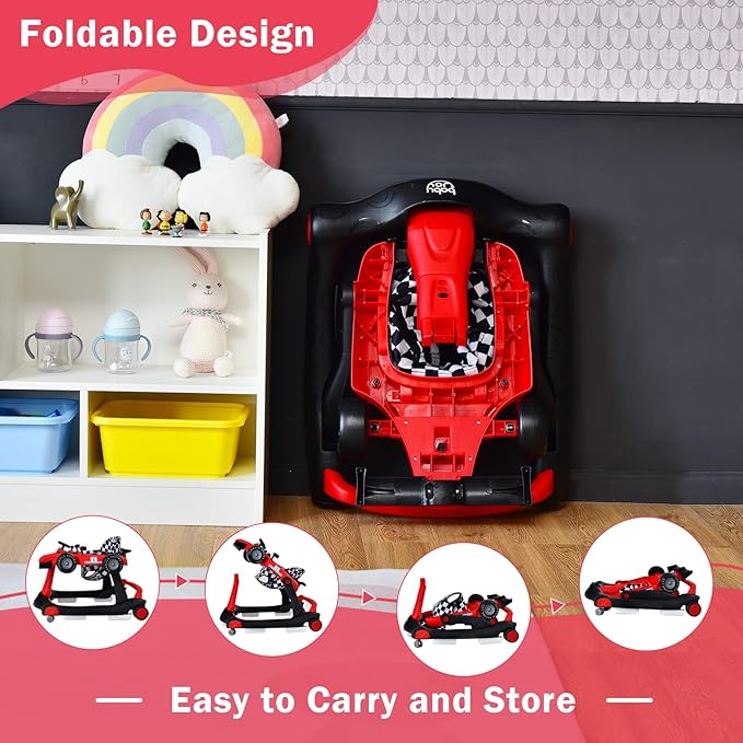 BABY JOY 4-in-1 Baby Walker, Foldable Activity Walker with Adjustable Height & Speed, Music, Lights, Anti-Rollover, Toddler Push Walker, Baby Walker with Wheels for Boys Girls 6-18 Months (Red)-CubbioJoy