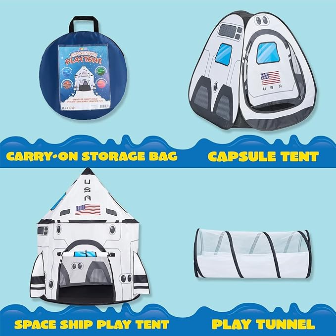 JOYIN White Rocket Ship Pop up Play Tent with Tunnel and Playhouse Kids Indoor Outdoor Spaceship Tent Set-CubbioJoy