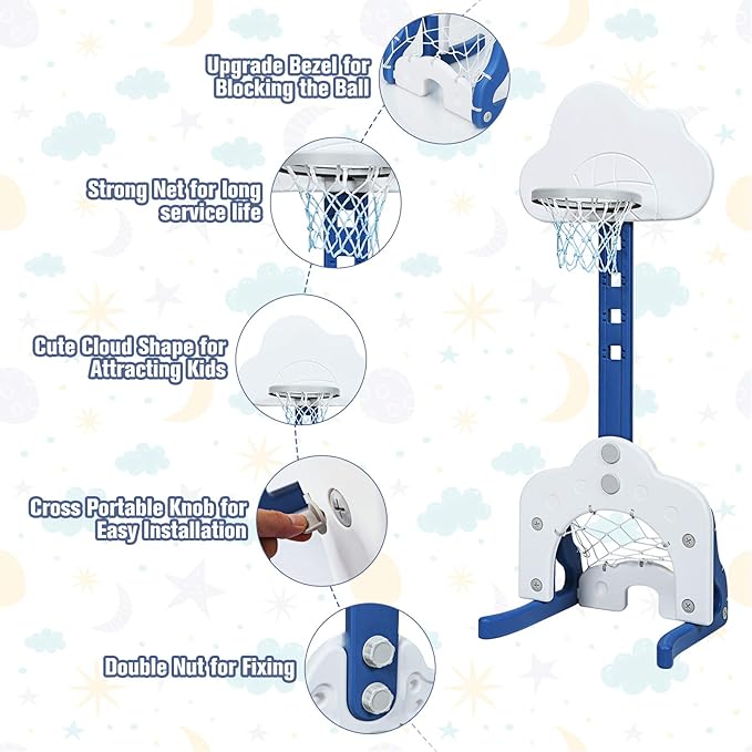 Costzon Kids Basketball Hoop, Toddler Sports Activity Center w/ 5 Adjustable Height Levels, Basketball Soccer Golf Game Set, Indoor Outdoor Basketball Hoop Set Gift for Baby Infant-CubbioJoy