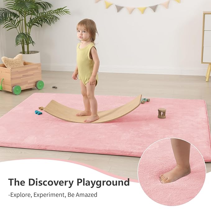 Baby Play Mat for Floor,1.3" Thick Elasti-Foam 50"×74" Playpen Mat for Tummy Time,Water Repellent Soft Coral Velvet for Toddler,Infant,Kids,Non-Slip Backing Safe for Crawling(Pink)-CubbioJoy
