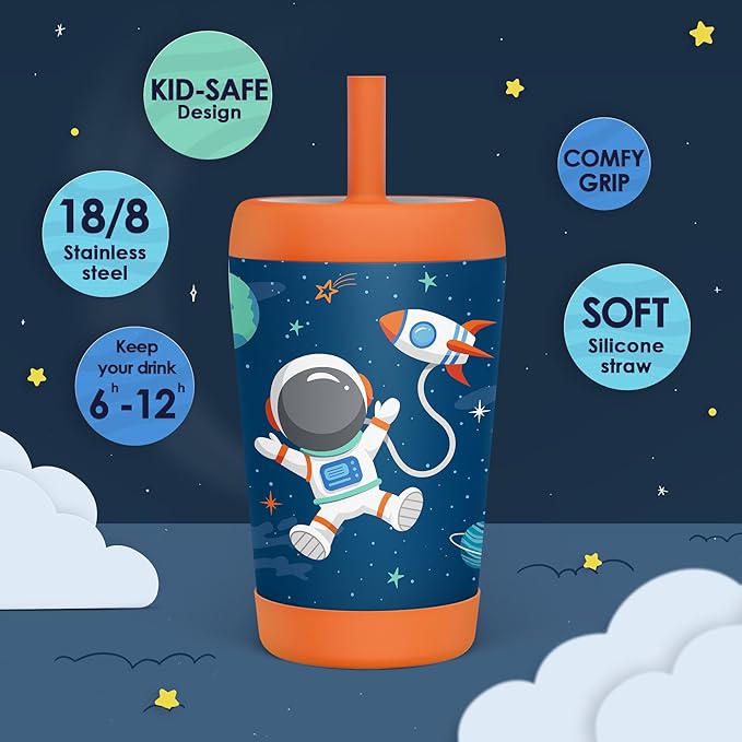 Kid Insulated Stainless Steel Tumbler with Silicone Straw, 12oz Sippy Cup for Kids (Astronaut)-CubbioJoy
