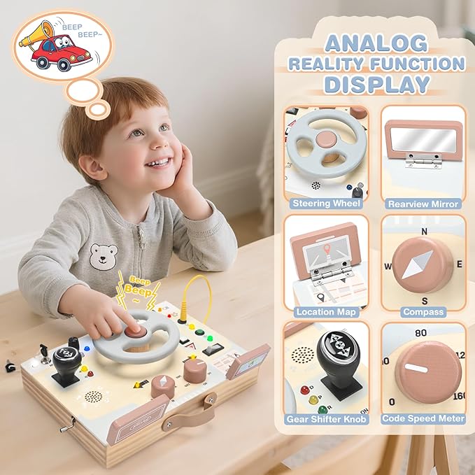 Joyreal Montessori Toddler Busy Board - Montessori Toys for 1 2 3 Years Old, Wooden Sensory Board with LED Lights, Steering Wheel, Music Player, Travel Toys for 1+ Year Old Boy & Girl Birthday Gift-CubbioJoy
