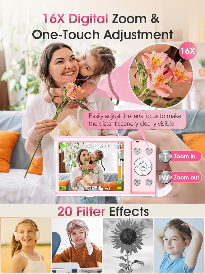 Digital Camera,Autofocus 4K Vlogging Camera for Photography with 32GB Card,48MP Portable Compact Point and Shoot Digital Camera for Teens Adult Beginner with 16X Zoom,Anti-Shake,2 Batteries(Pink)-CubbioJoy