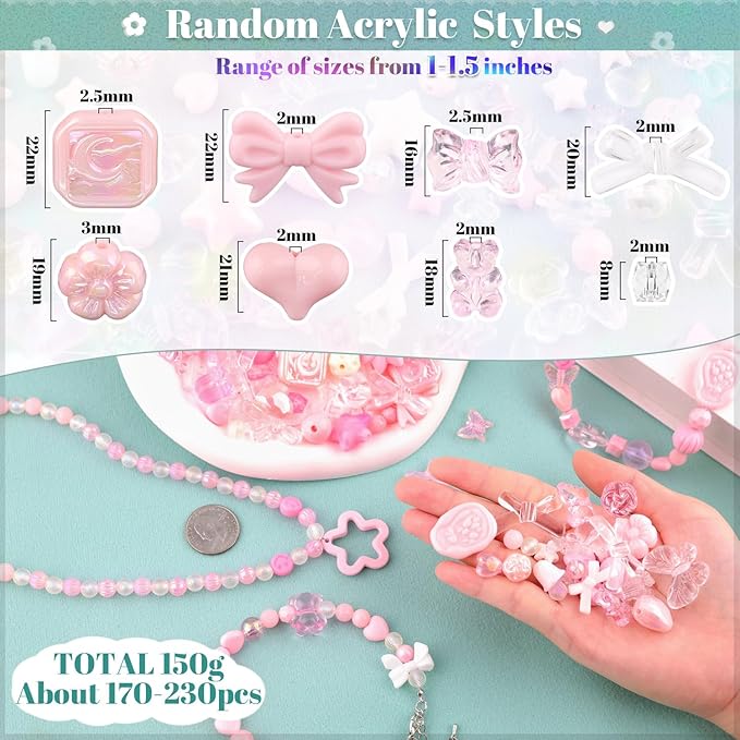 Assorted 170-230PCS Pink Acrylic Beads for Bracelet Making, Flower Bow Butterfly Candy GummyBear Aesthetic Bracelet Charms,Cute Beads for Jewelry Making DIY Necklace Keychain Phone Charm-CubbioJoy