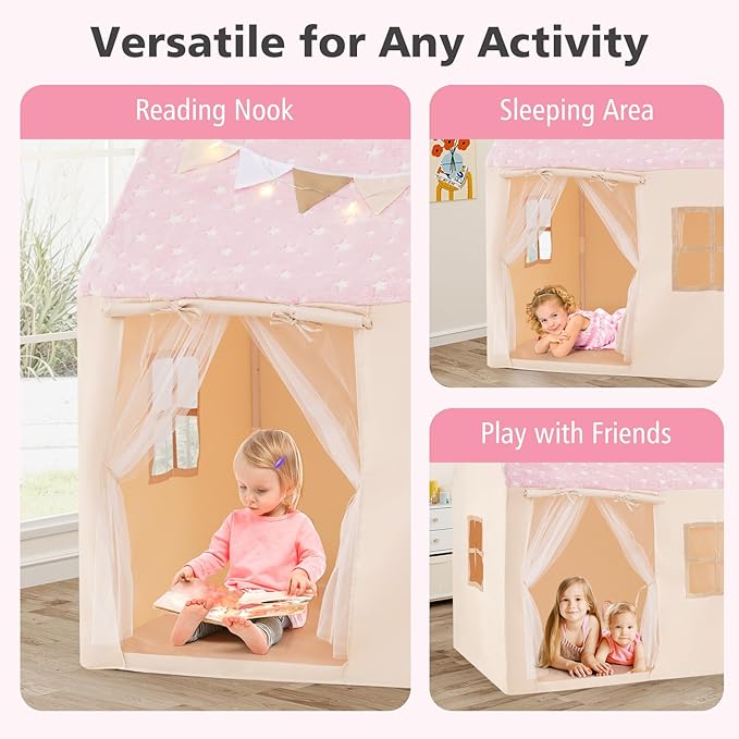 INFANS Kids Play Tent with Glow in The DarkWashable Mat Star Light Windows, Anti-Trip Large Playhouse Toys for Children Boys Girls, Indoor Outdoor Princess Tents Castle for Toddlers (Fluorescent Pink)-CubbioJoy