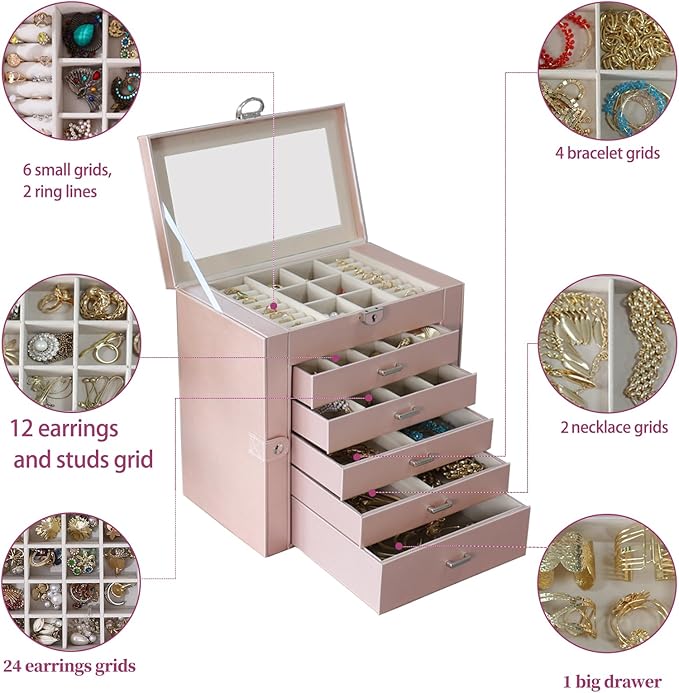 BOOVO Jewelry Box For women, 6 Layer Large Jewelry Organizer With Mirror, Multi-Function Storage Box With Lock, Accessory Holder With 5 Drawers, For Earrings Necklace Ring Bracelet (Rose Gold)-CubbioJoy