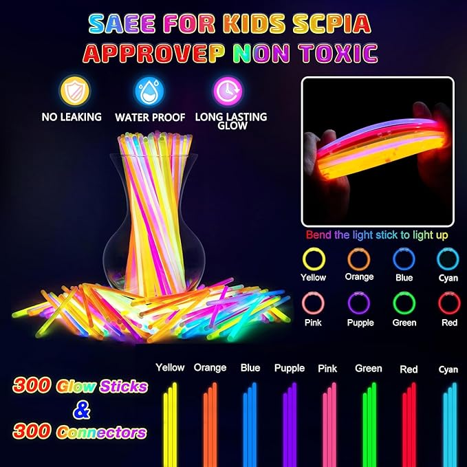 300 Pcs Glow Sticks Bulk Party Pack, 8'' Glow in the Dark Party Supplies, Glow in the Dark Light Up Sticks with Connectors, Party Favors for Birthday, Concert, Raves, Halloween, Christmas-CubbioJoy