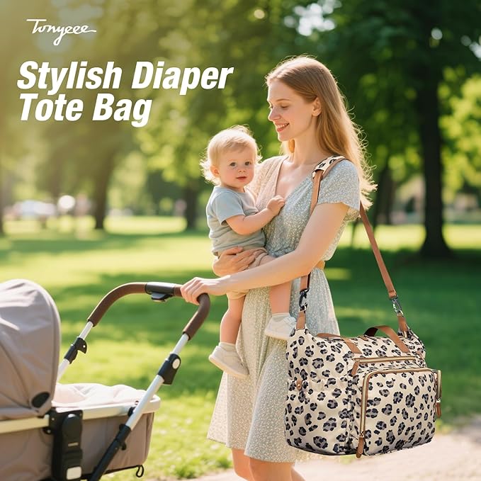 Diaper Bag Tote, Large Baby Diaper Bags for Travel, Hospital Bag for Labor Delivery with Pacifier Case, Changing Pad, Shoulder Strap, Leopard Print-CubbioJoy