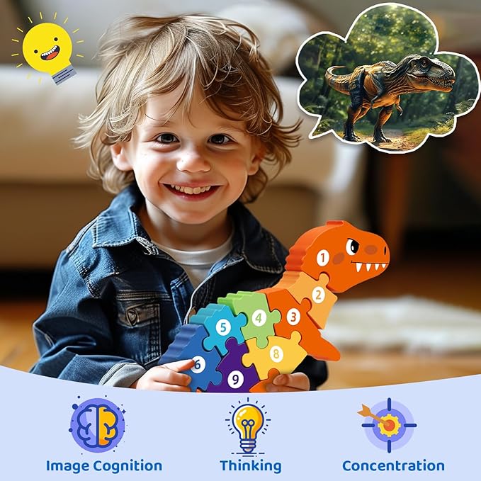 Dinosaur Puzzles for 1+ Year Old, Wooden Puzzles for Toddlers 1-3, Dinosaur Toys for Kids 2-4 Boys/Girls, Large Floor Chunky Dino Puzzles Ages 3-5, Learning Number Color 4-6, Allosaurus-CubbioJoy