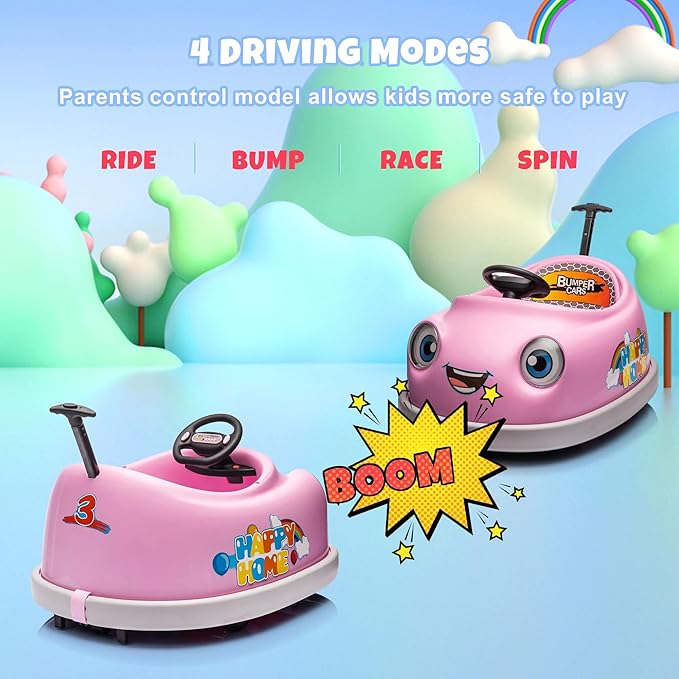 12V Dual Battery Electric Ride on Kids Bumper Car w/Remote Control,360 Degree Spin,Push Rod Rocker Horse Function,3-Speeds Babies & Toddlers Bumping Car Ride on Toy Gift for 1-4 Years Children (Pink)-CubbioJoy