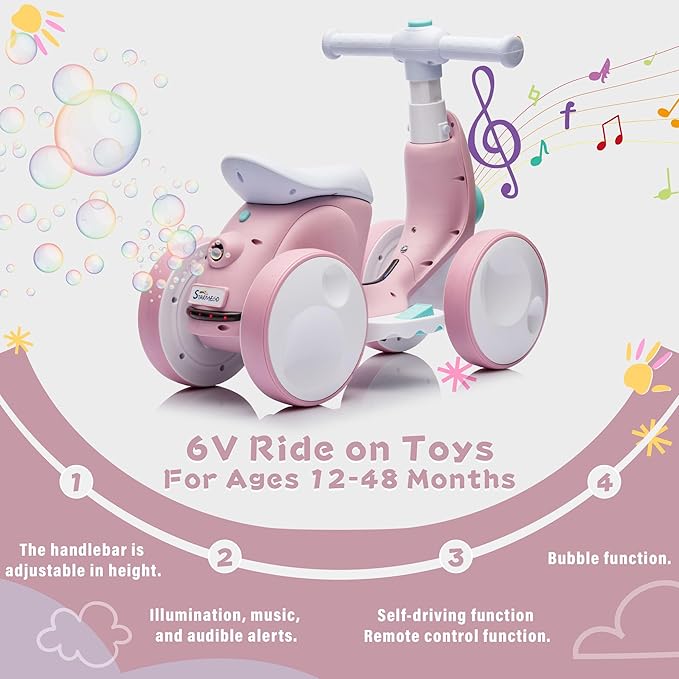 6V Electric Baby Balance Bike with Bubble Machine,4 in 1 Toddler Balance Bike w/Remote Control for 1 Year Old Boys Girls Kids Bubble Bike Ride on Toys w/Powered Motor,Music,LED Lights (Pink)-CubbioJoy
