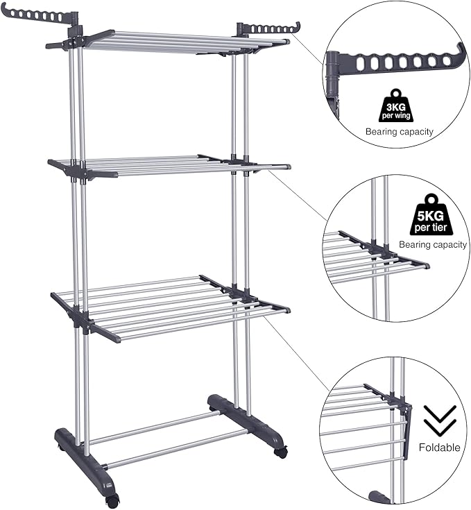 Bigzzia Clothes Drying Rack Folding Drying Rack Clothing 4 Tier Clothes Horses Rack Stainless Steel Laundry Drying Rack with Two Side Wings Grey-CubbioJoy