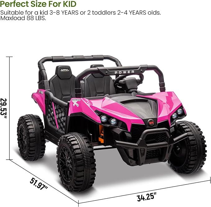24V 2 Seater Ride On Car Truck, Power Wheels Kids UTV w/Parent Remote Control, 3.1 MPH Max Speed, Music Player, LED Lights & Storage, Electric Vehicle Ride On Toy for Kids Toddler Ages 3-8, Pink-CubbioJoy