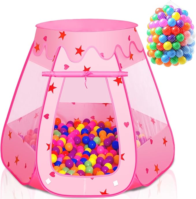 Baby Ball Pit for Toddler with 150 Balls, Kids Pop Up Play Tent for Girls, Princess Toys for Children Indoor & Outdoor Playhouse with Carry Bag (Pink: 7 Bright Colors, 109x90cm/150 Balls)-CubbioJoy