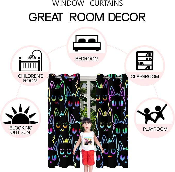 Cat Curtain Panels for Girls - 2Pcs Cat Blackout Curtains for Girls Bedroom, 82" W x 63" L-CubbioJoy