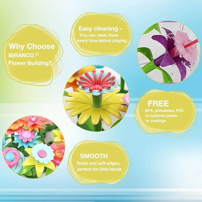 BIRANCO. Flower Garden Building Set - Grow up! Fun Stacking Toys for Toddlers and Kids Age 3-6 Year Olds, Educational Activity for Preschool, Cool STEM Gardening Gifts for Girls (138 PCS)-CubbioJoy